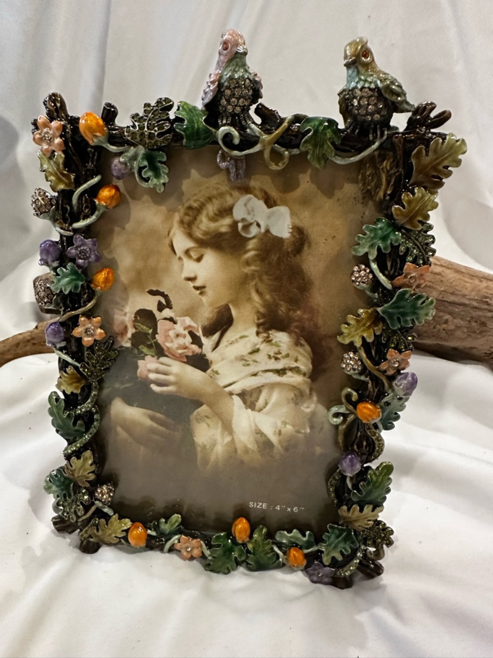 TIZO SWAROVSKI JEWELED PICTURE FRAME W/BIRDS, FLOWERS, & LEAVES